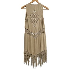 Miss Me Run Wild Faux Suede Light Brown Tan Fringe Maxi Vest Longline Duster Sm